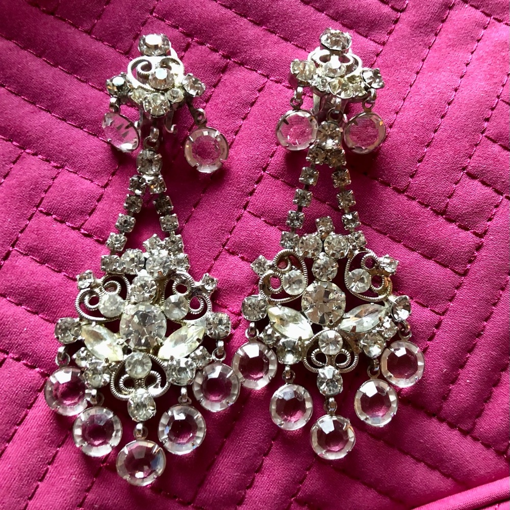 Rare 1960s Early Signed K.J.L. Clear Rhinestone Chandelier Earrings